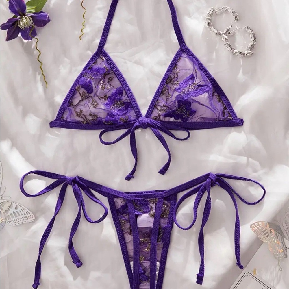 New Purple Sexy • Butterfly Embroidery Transparent Lingerie Set 2piece thong XL - Picture 2 of 4